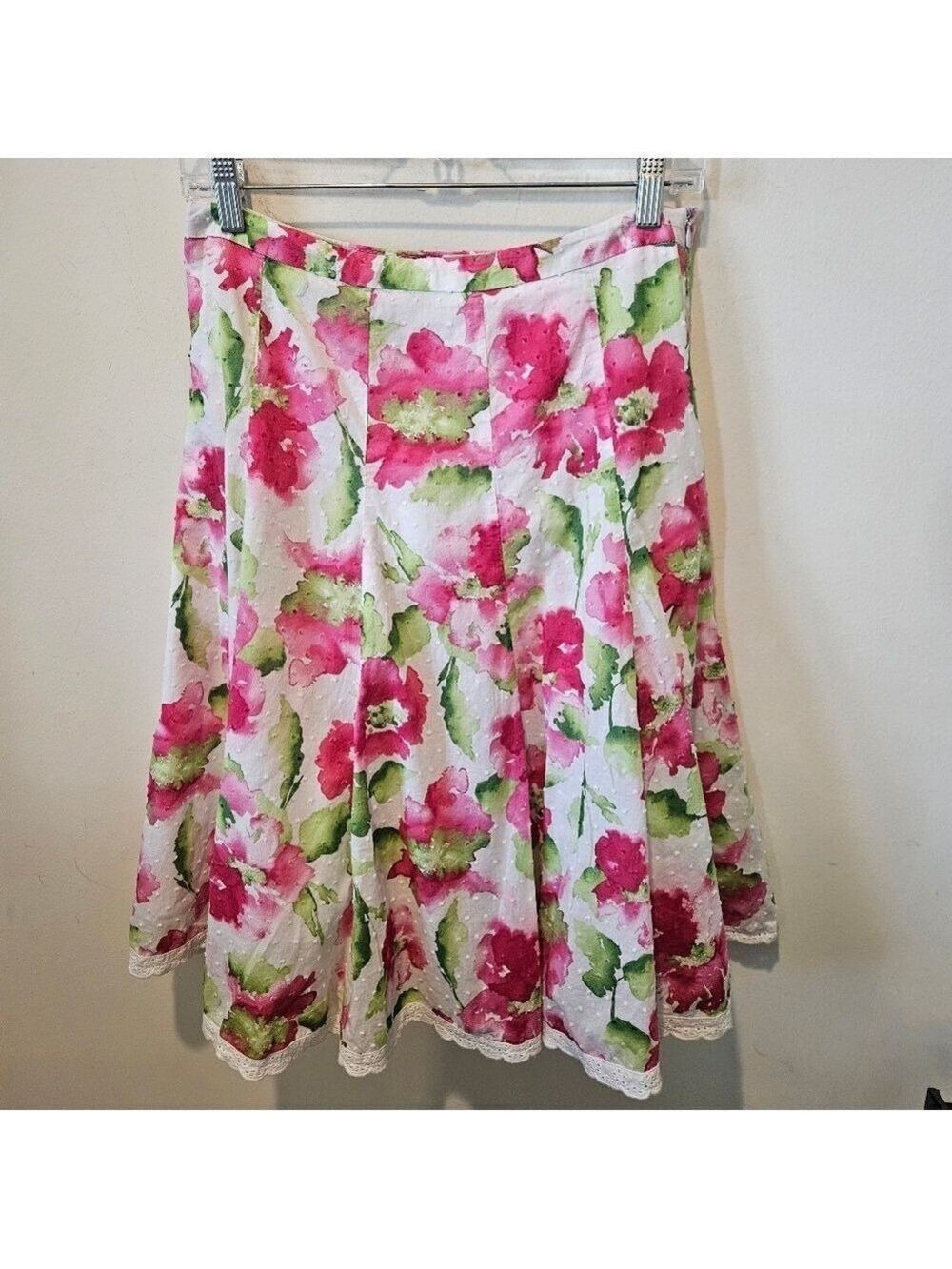 Dressbarn Women's Floral Swiss Dot A-line Midi Skirt Scalloped Eyelet Hem, 6